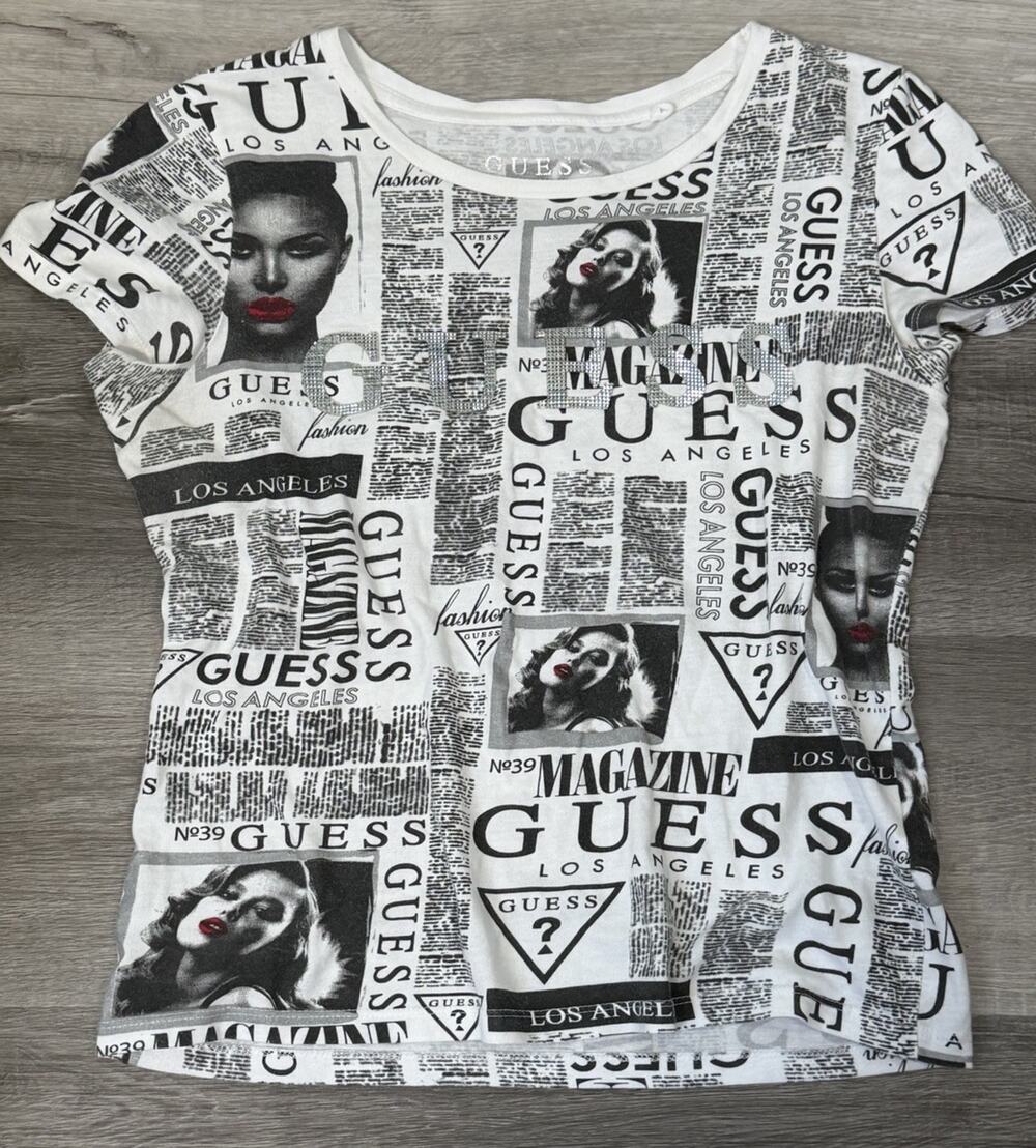 GUESS Women's S Newspaper Magazine Print Rhinestone Logo Baby Tee Y2K